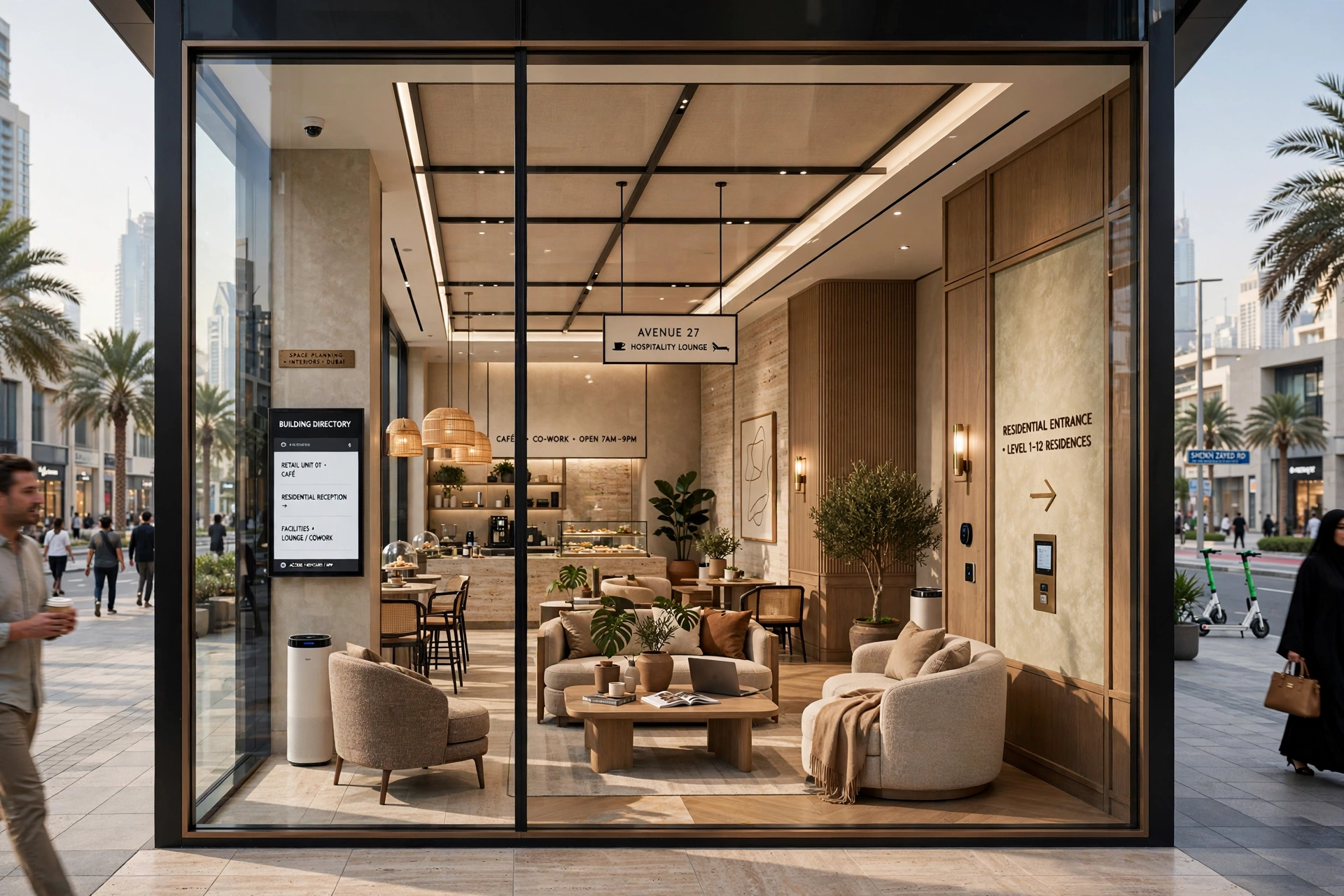 Luxury avenue interior with bespoke furniture, marble finishes, and sophisticated lighting