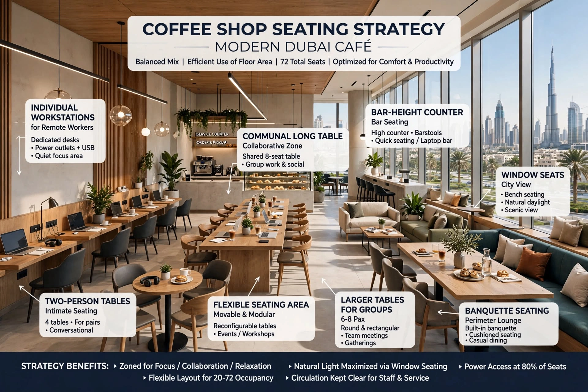 Contemporary coffee shop interior with warm lighting