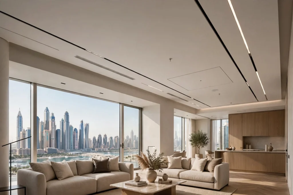 Contemporary living room with wooden slat ceiling feature