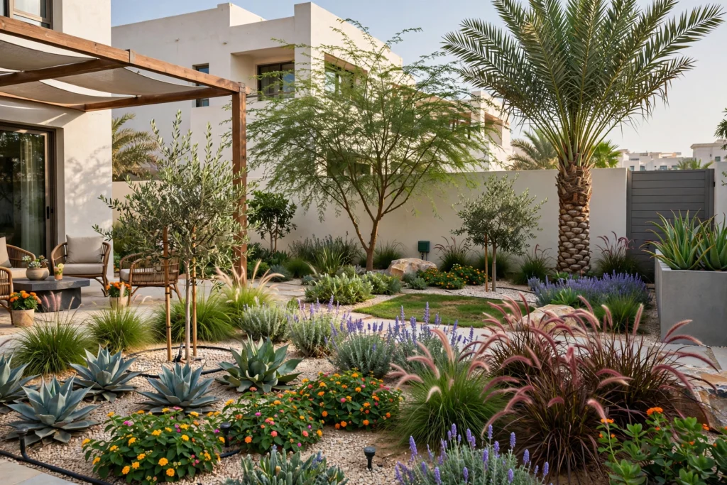 luxury villa outdoor landscaping with garden seating