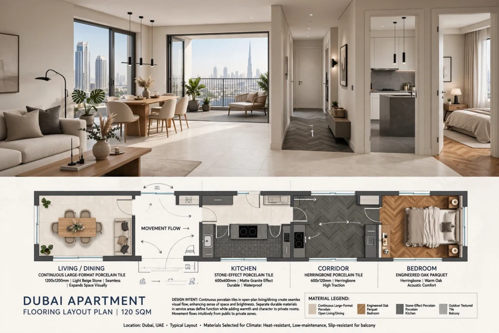 Large format porcelain tile flooring in a modern apartment
