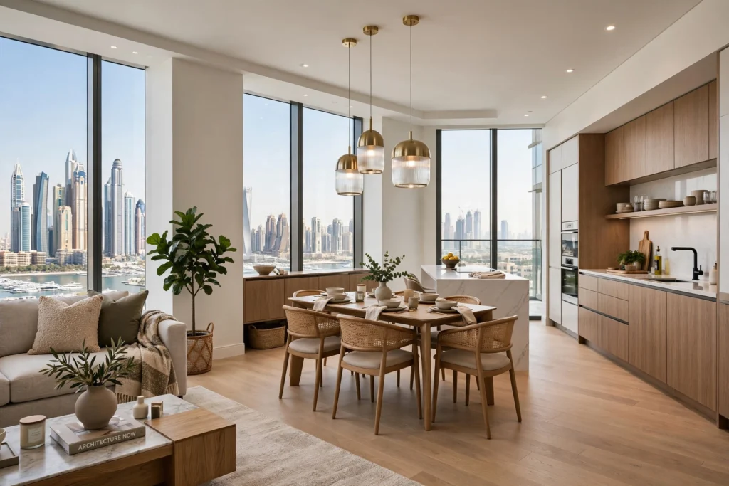 Modern open concept apartment interior with spacious living and dining area