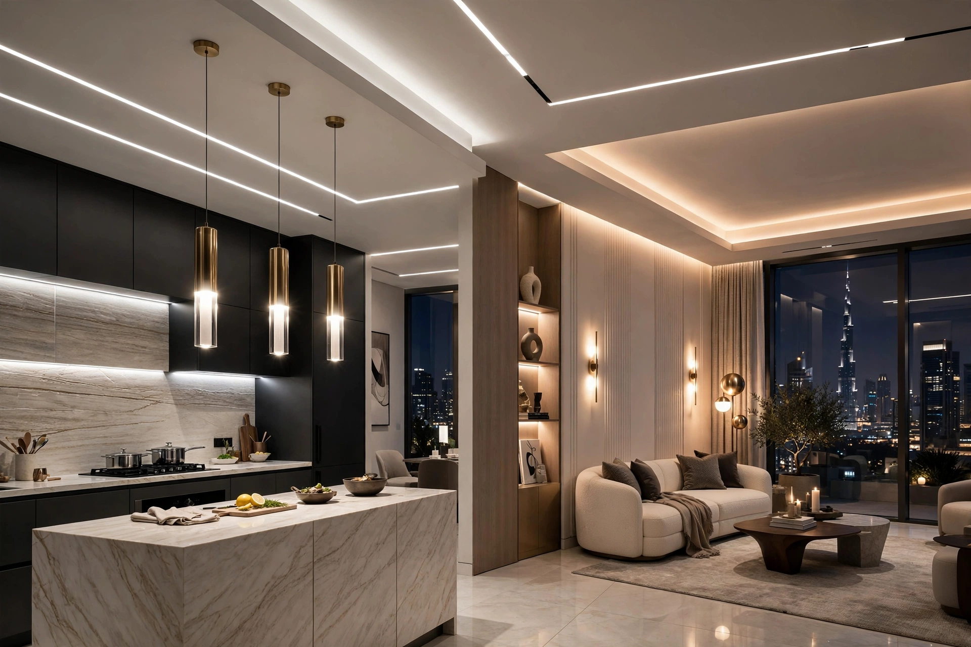 Modern open-plan living area connecting kitchen, dining and lounge spaces