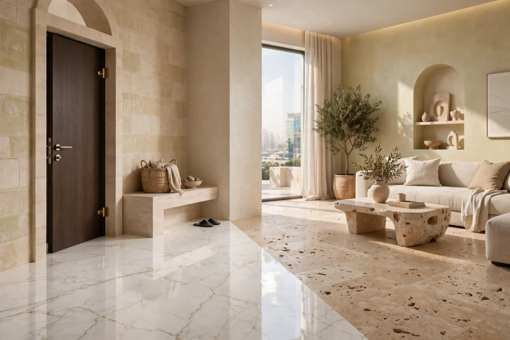 Ceramic tile flooring in a contemporary apartment living room