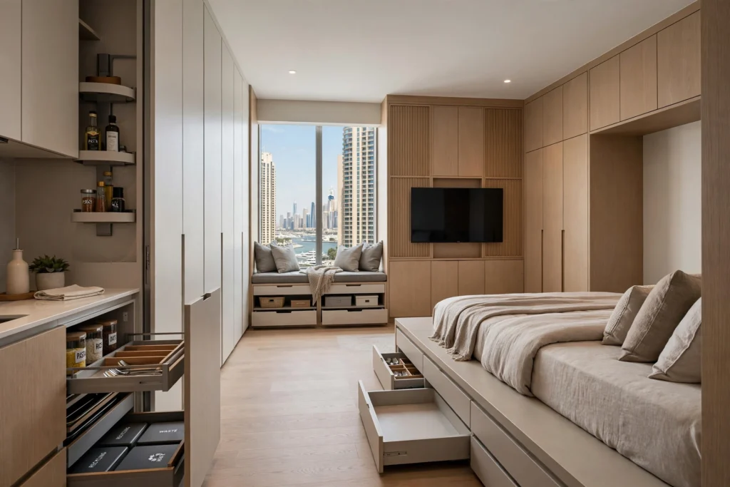 Small apartment bedroom with built-in storage solutions