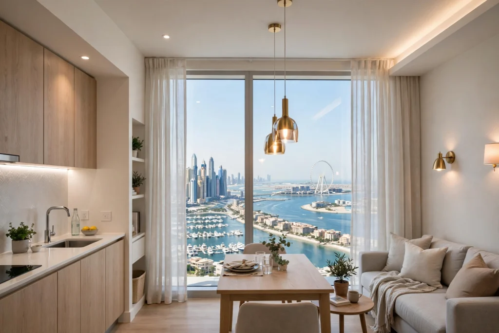 Luxury small apartment interior in Dubai with open concept layout