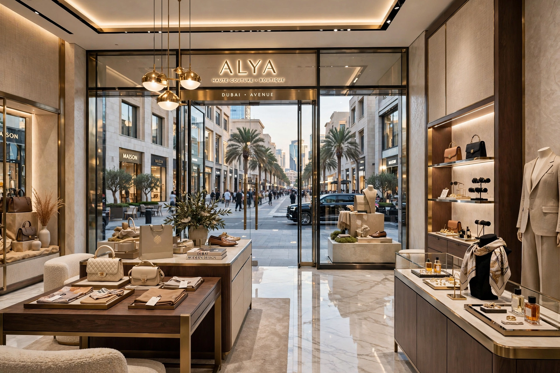 High-end interior with custom furniture, natural stone, wood, and architectural lighting