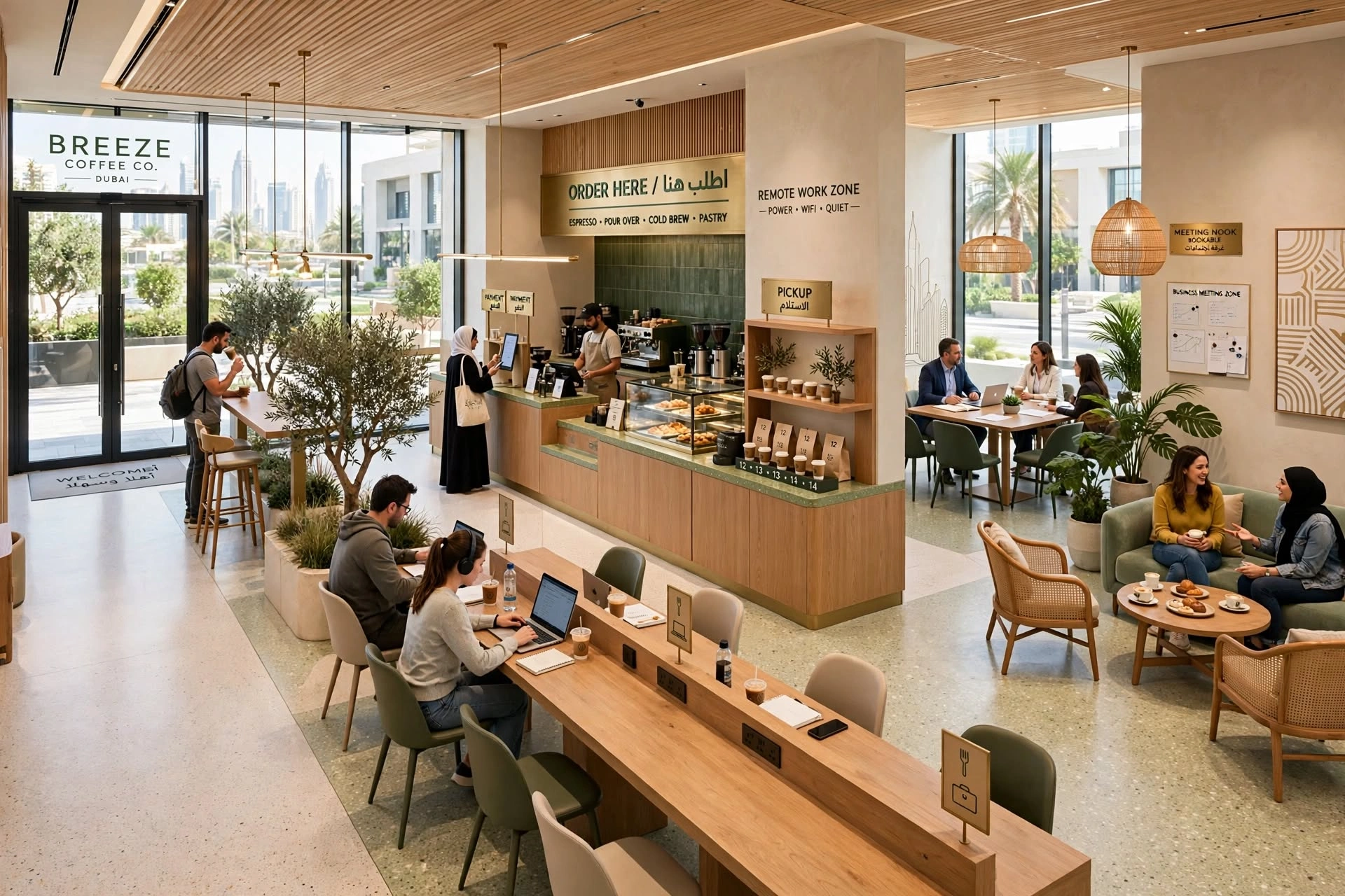 Luxury café interior with contemporary furniture and lighting