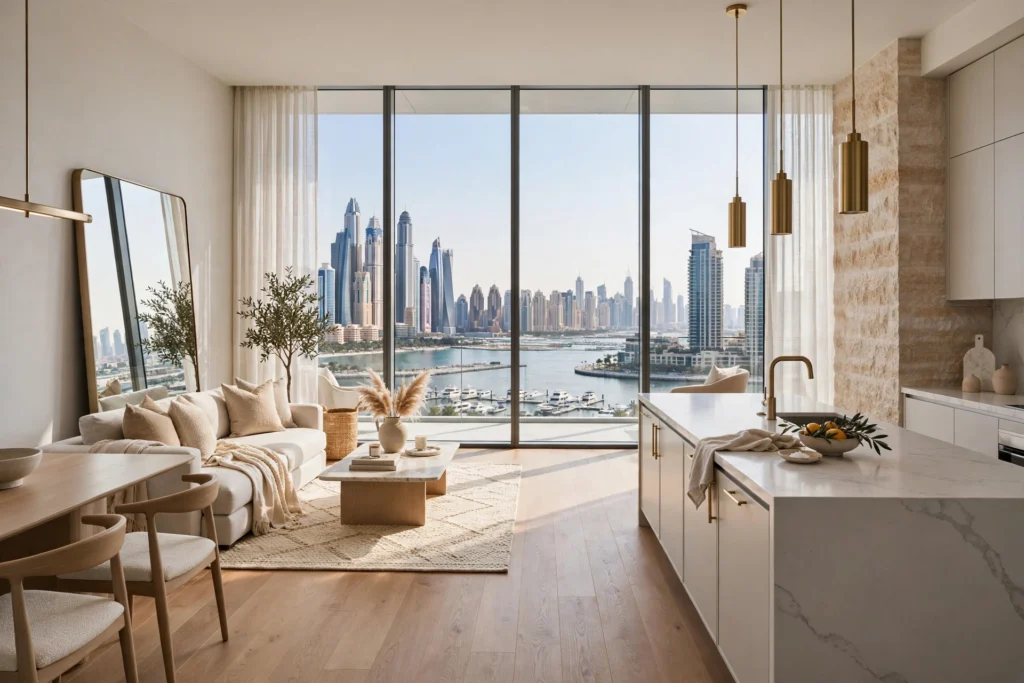 Open kitchen connected to modern living room in apartment