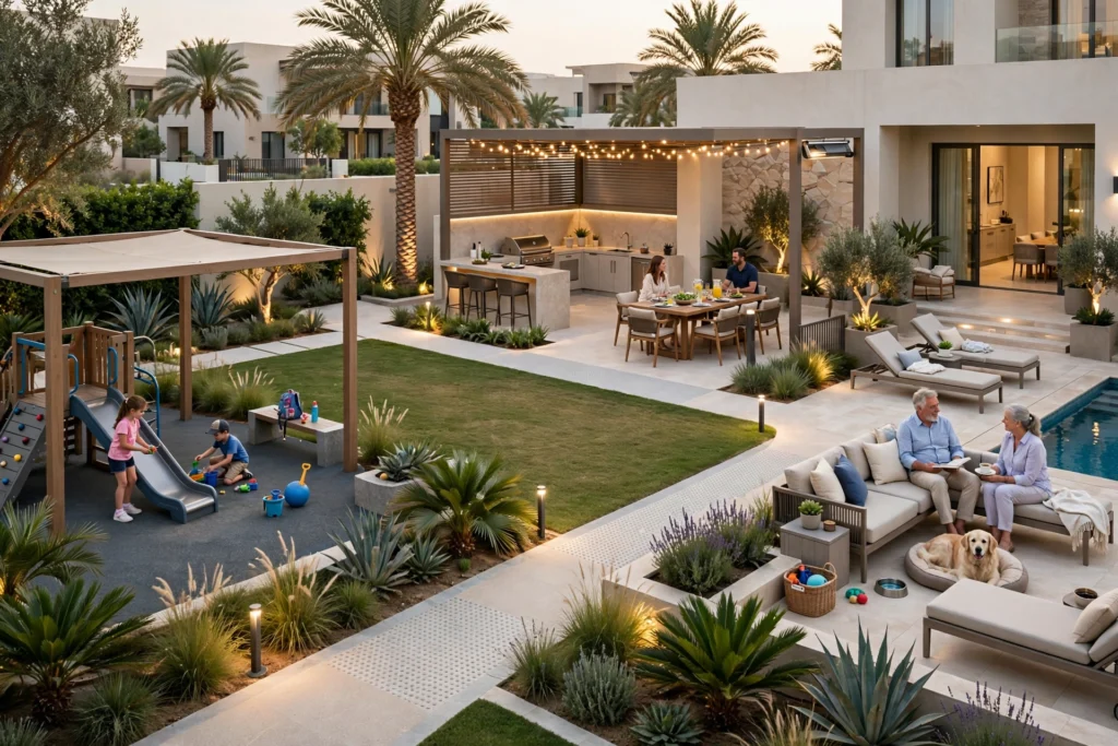 modern swimming pool deck with landscaped garden
