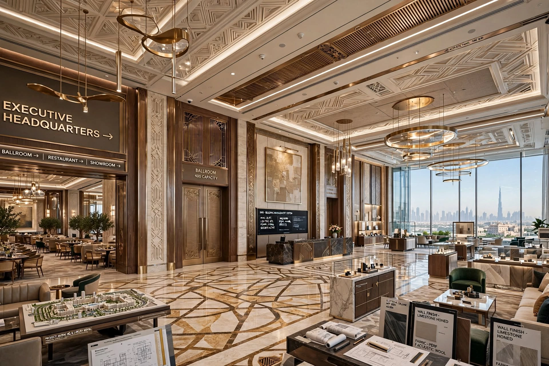 Grand hotel lobby interior with elegant lighting and marble