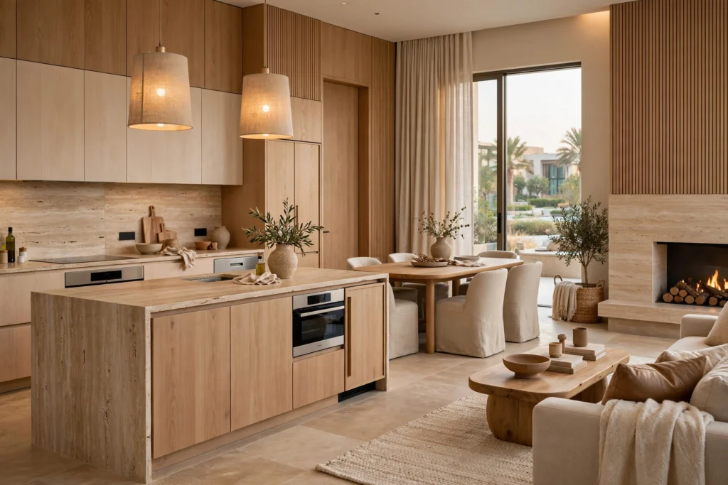 luxury modern kitchen with stone island and wood cabinetry