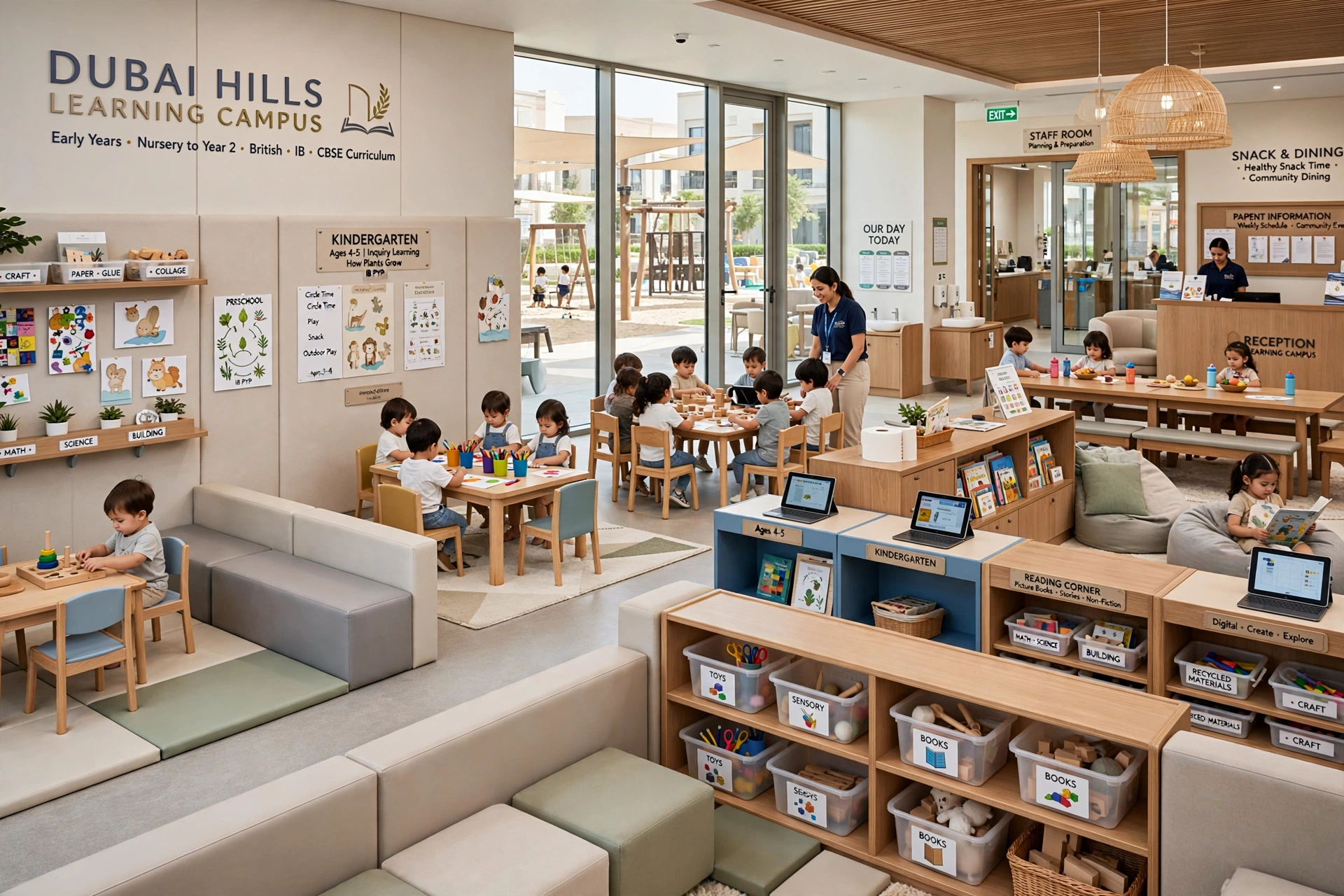modern nursery reception area with educational branding in Dubai Hills