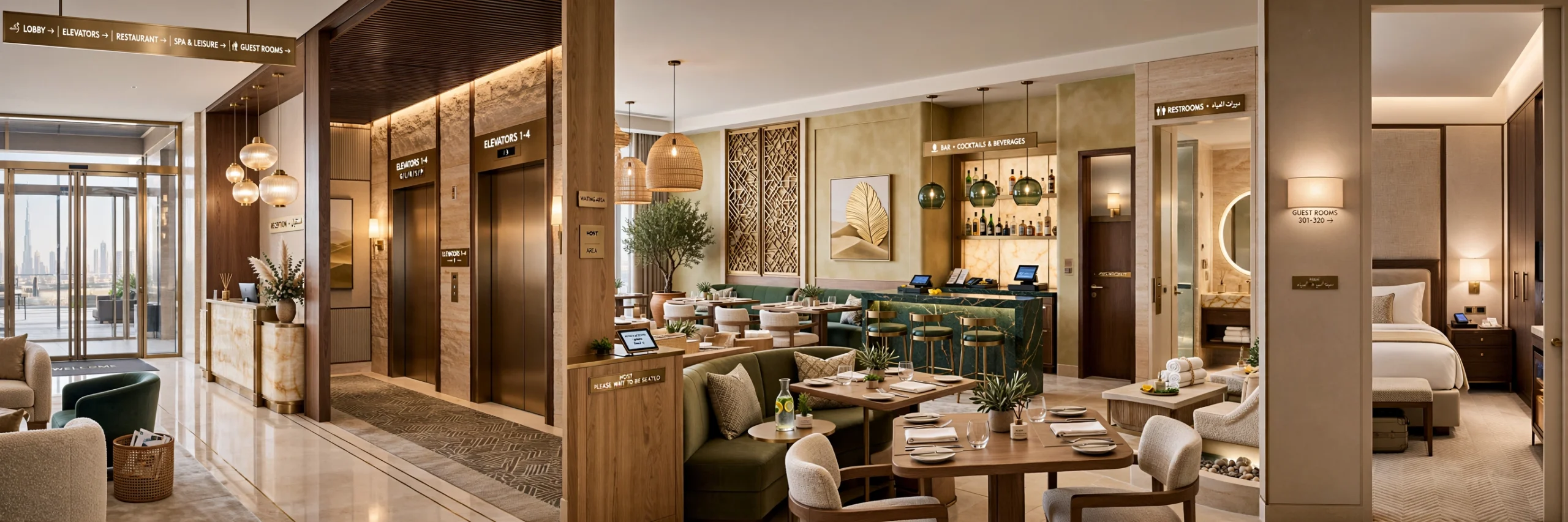 Elegant hospitality interior featuring natural stone, bespoke furniture and architectural lighting