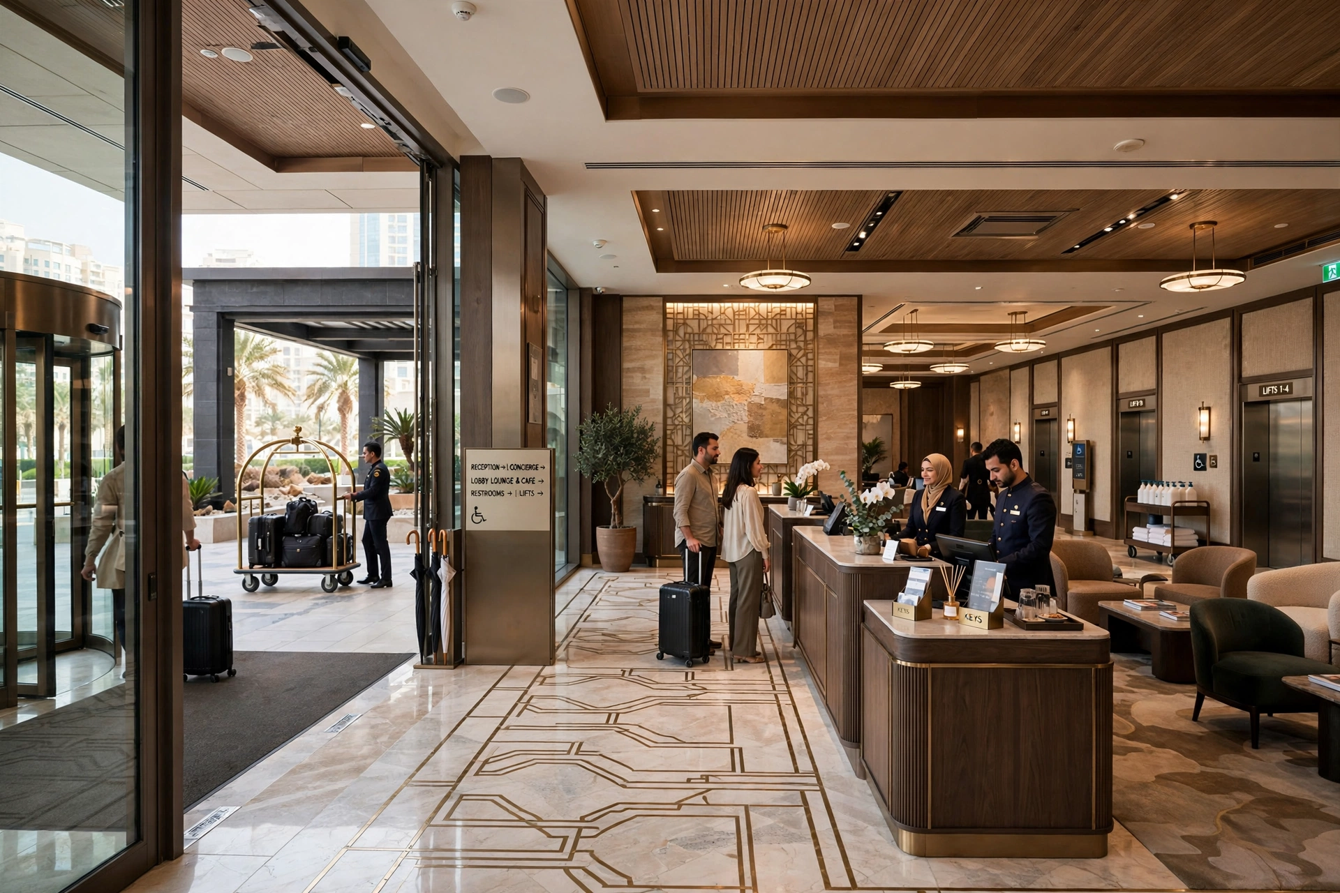 Luxury hotel lobby with modern furniture, decorative lighting, and premium finishes