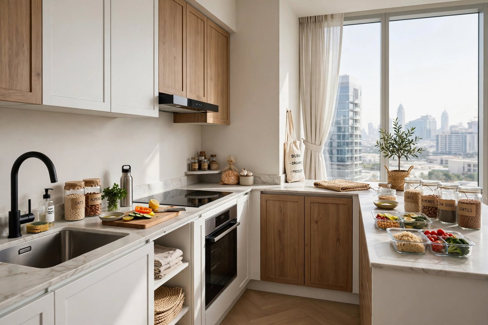 Modern luxury kitchen combining natural wood cabinetry, stone surfaces and integrated appliances