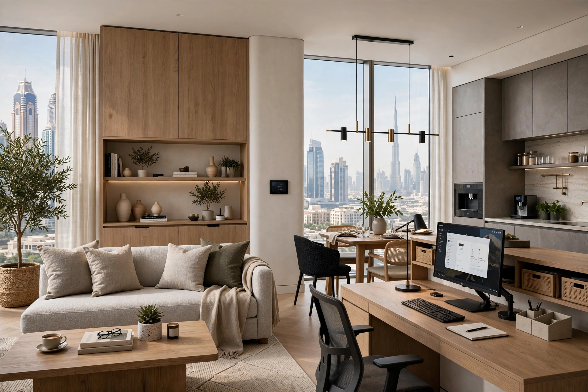 Modern urban living room with contemporary furniture and neutral interiors