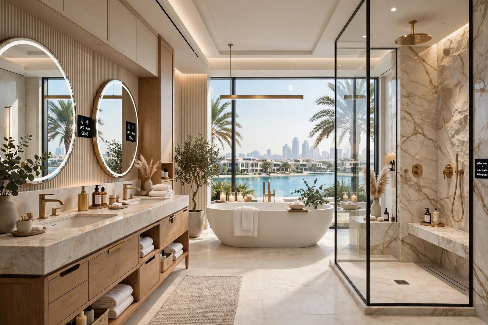 Modern bathroom interior with luxury finishes, smart features and functional space planning