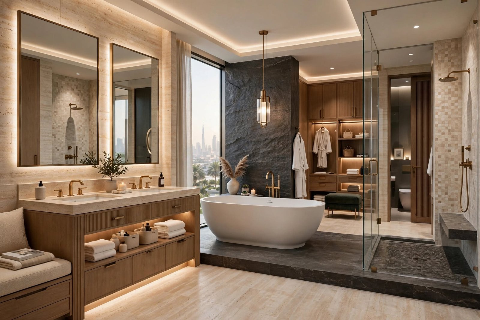 Spacious master bathroom with double vanity, walk-in shower, bathtub and custom storage
