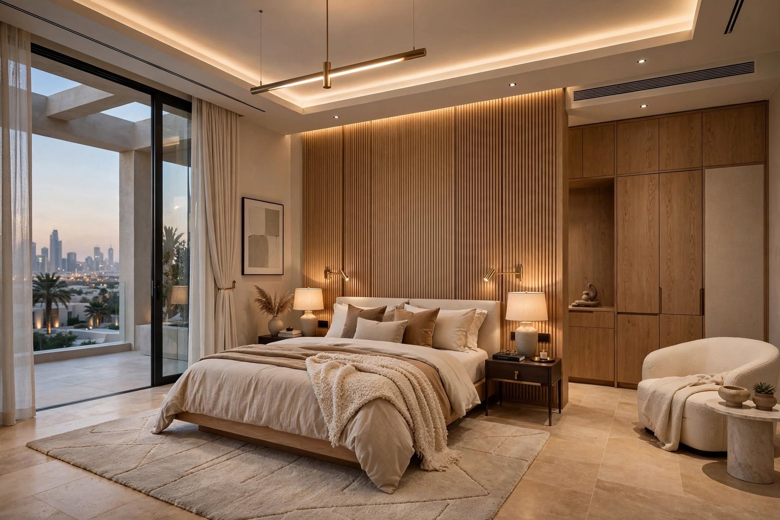 Modern bedroom interior with elegant furniture, layered lighting and functional storage