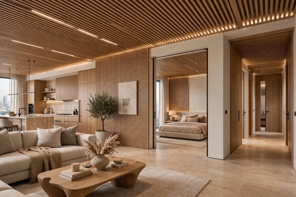 Double height living room with statement ceiling and chandelier