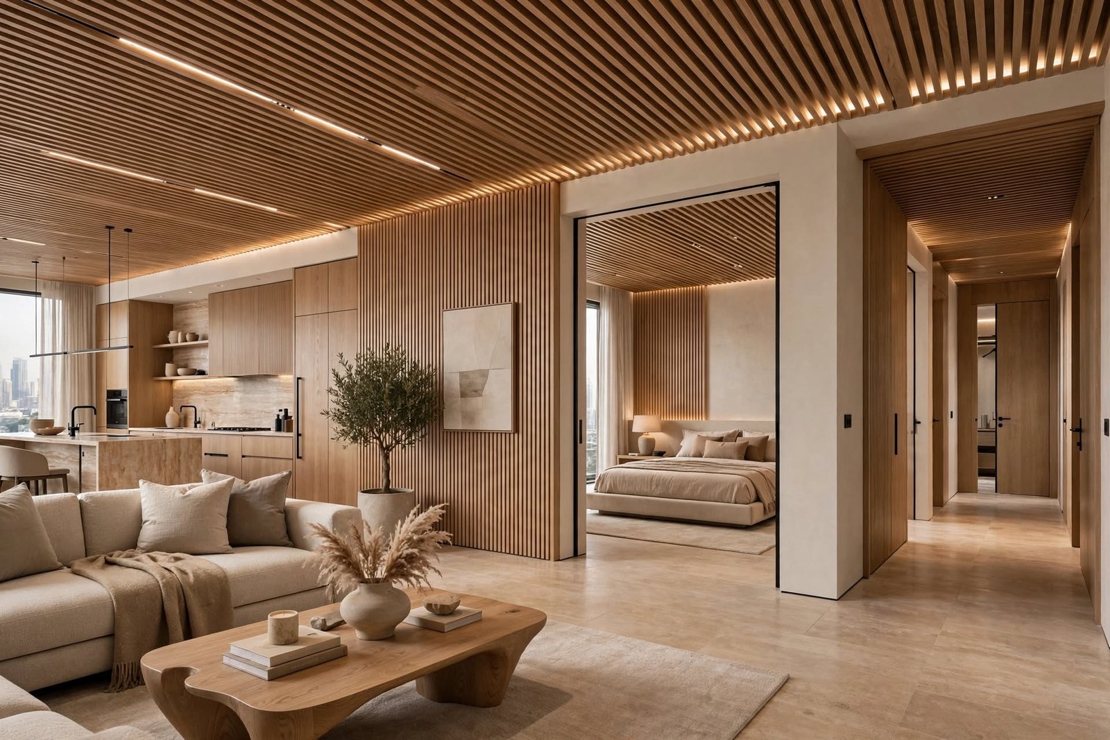 Double height living room with statement ceiling and chandelier