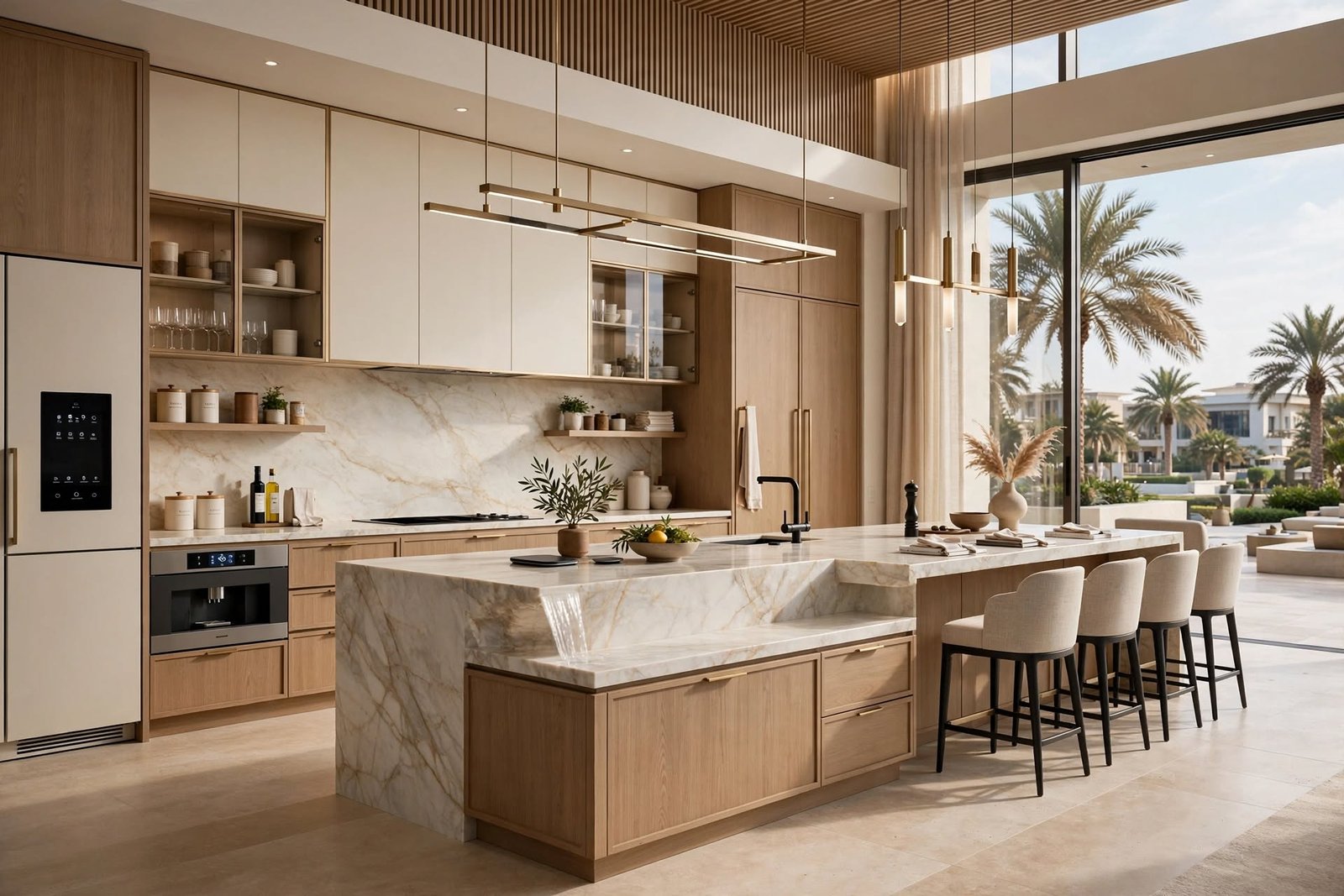 Modern kitchen interior in Dubai with custom cabinetry, premium finishes and functional layout