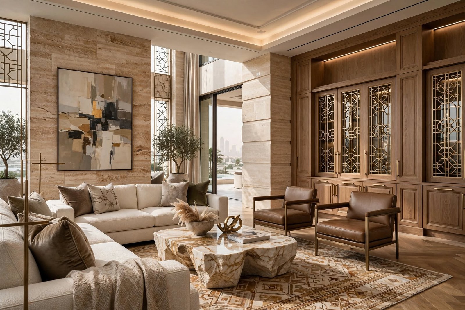 Modern living space with clean lines, neutral colours, contemporary furniture and integrated lighting