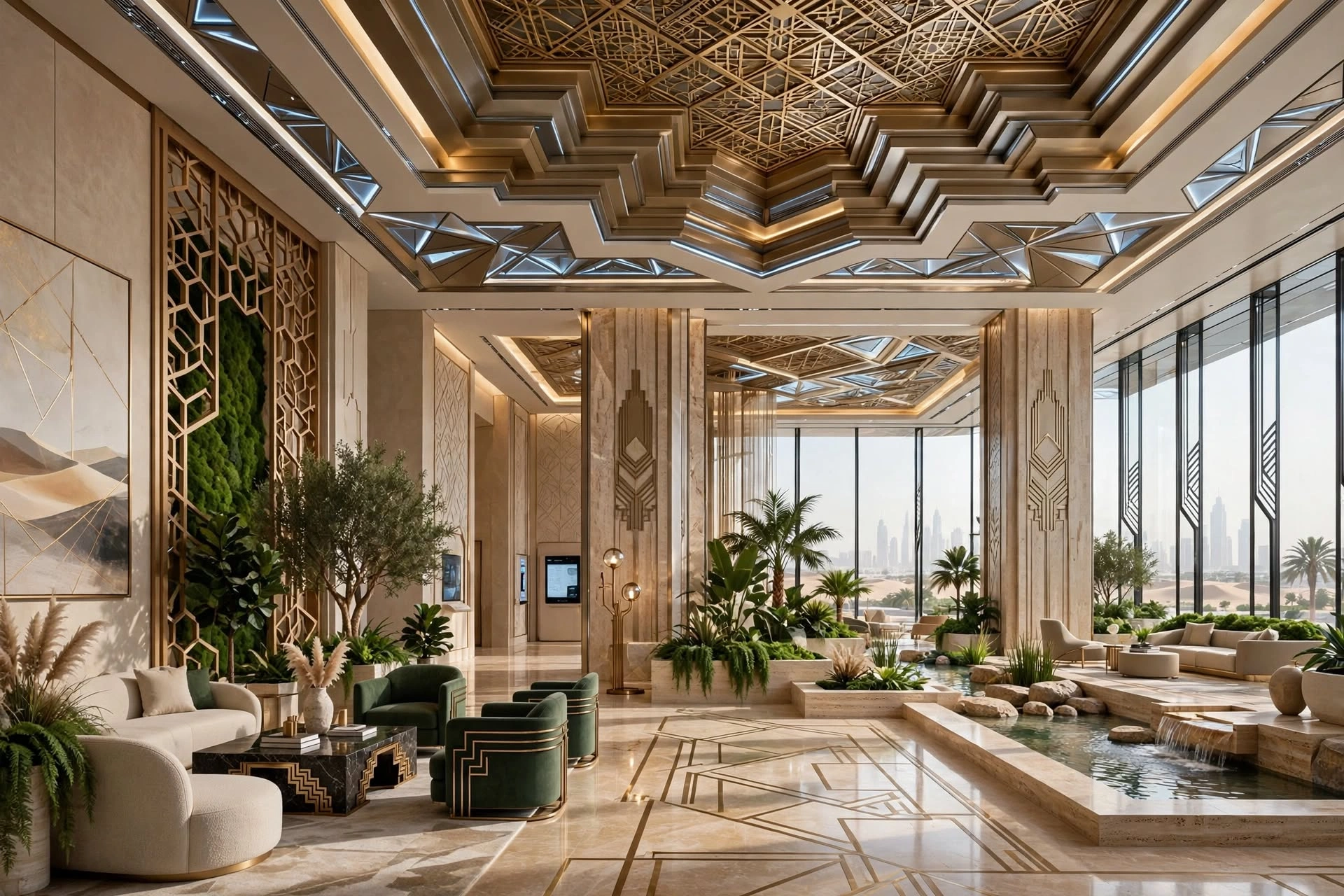 Luxury commercial interior with bespoke furniture and lighting