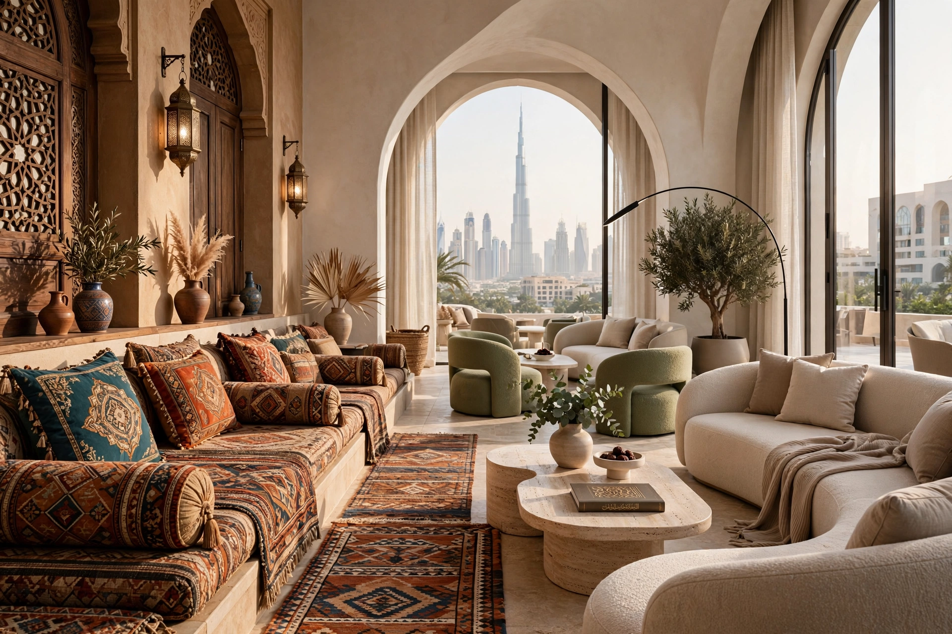 Traditional Arabic Majlis with upholstered seating, carpets, cushions, and cultural details