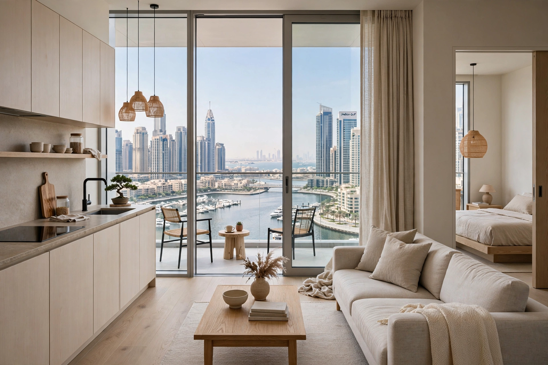 minimalist Japandi interior design in Dubai Marina