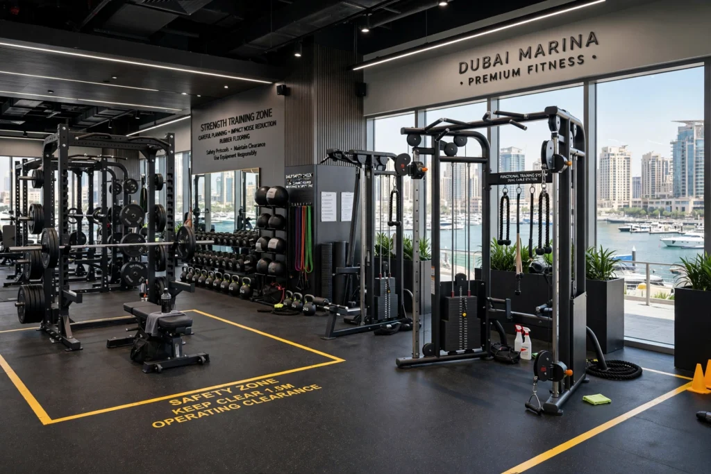 Modern fitness studio interior design in Dubai Marina