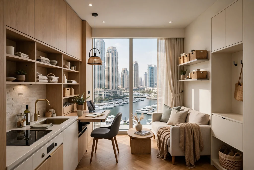 Modern small apartment interior designed to maximize space and functionality