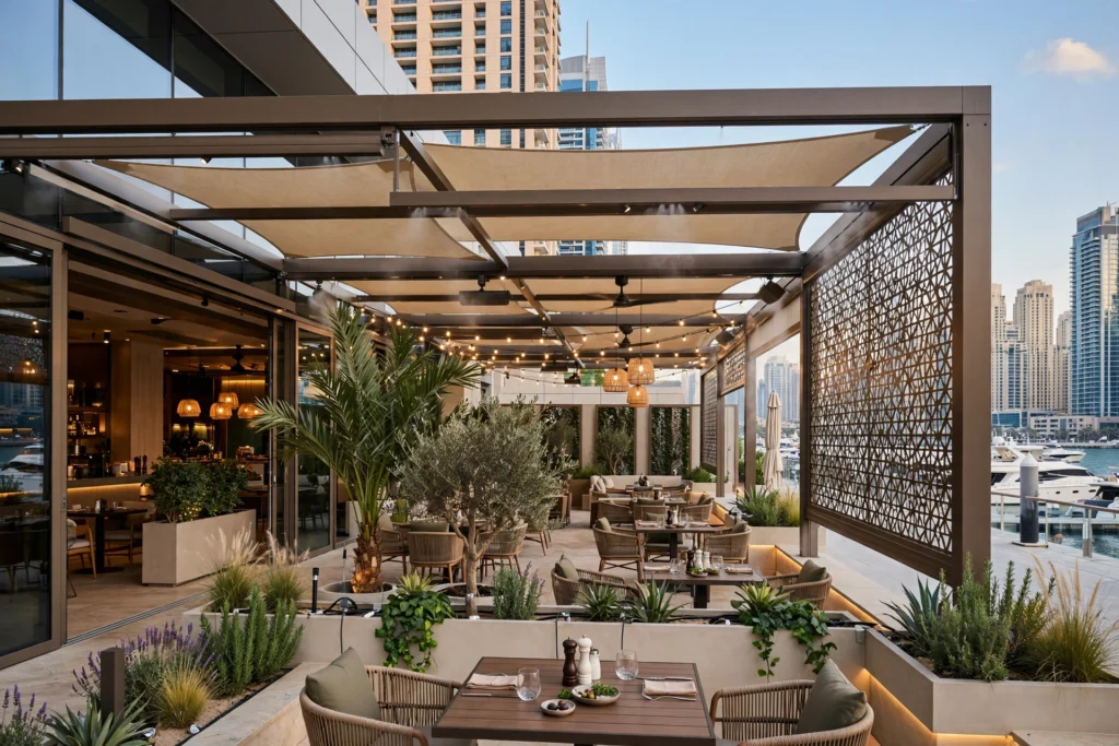 premium restaurant interior with natural stone and wood