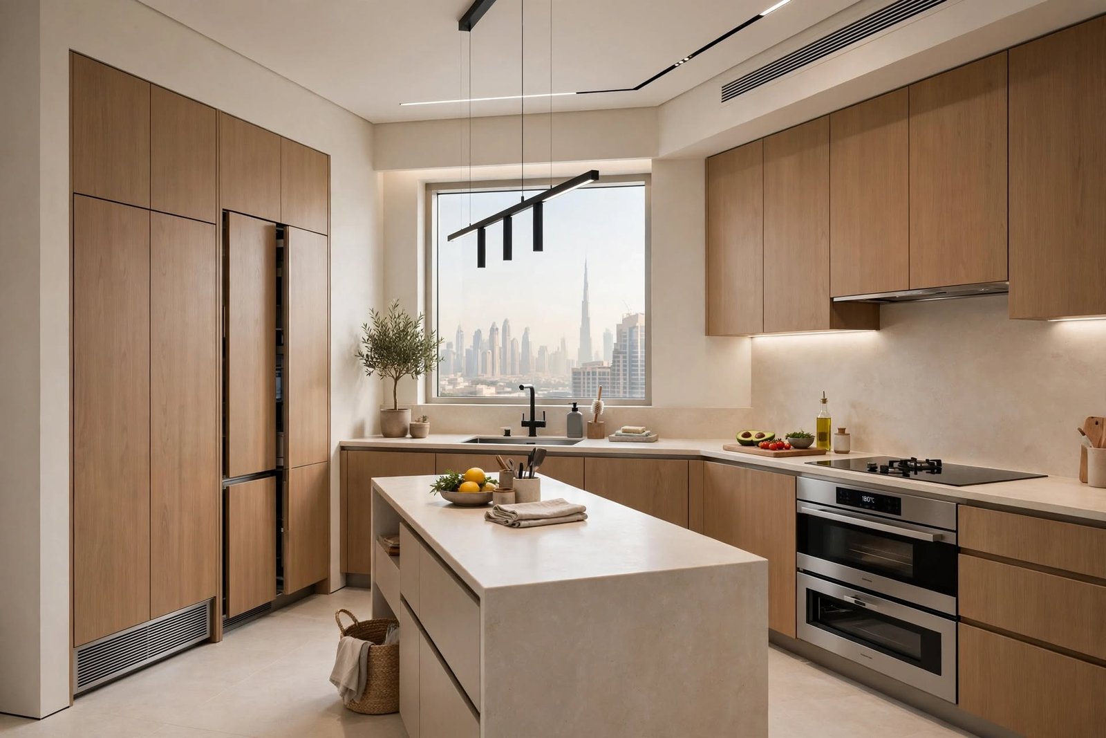 Contemporary kitchen with clean lines, handleless cabinets, integrated appliances and elegant lighting