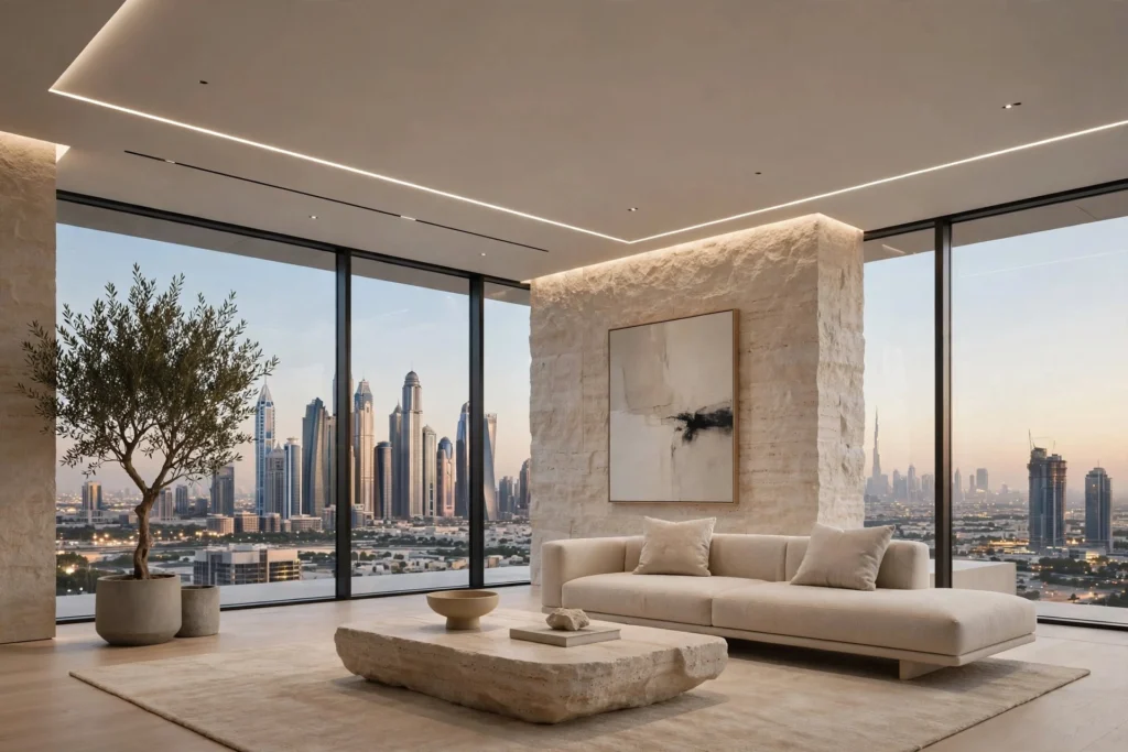 Luxury villa living room with decorative ceiling and chandelier