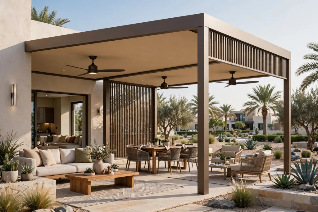 fixed pergola with comfortable outdoor lounge furniture