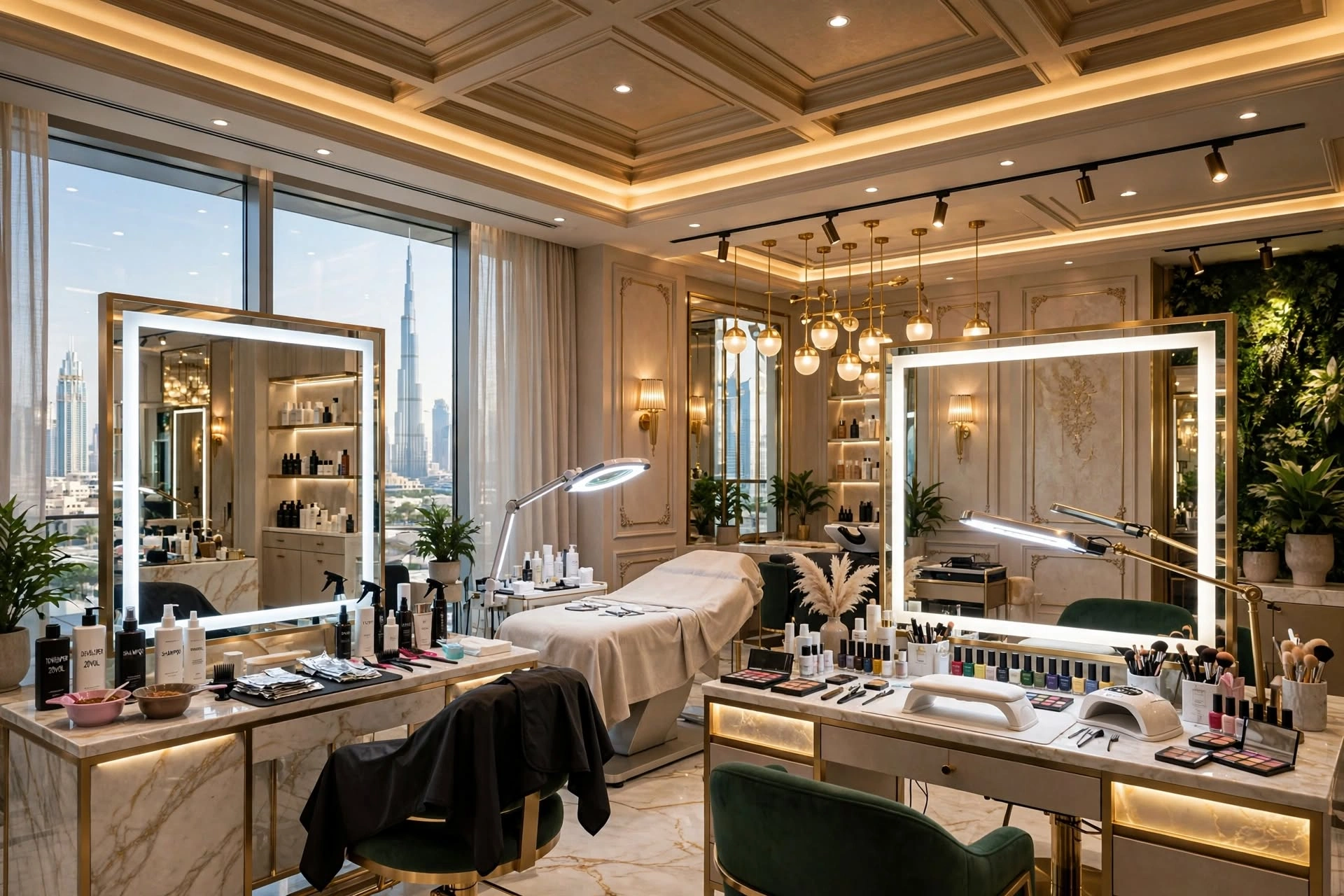 Contemporary salon reception area with branded interior
