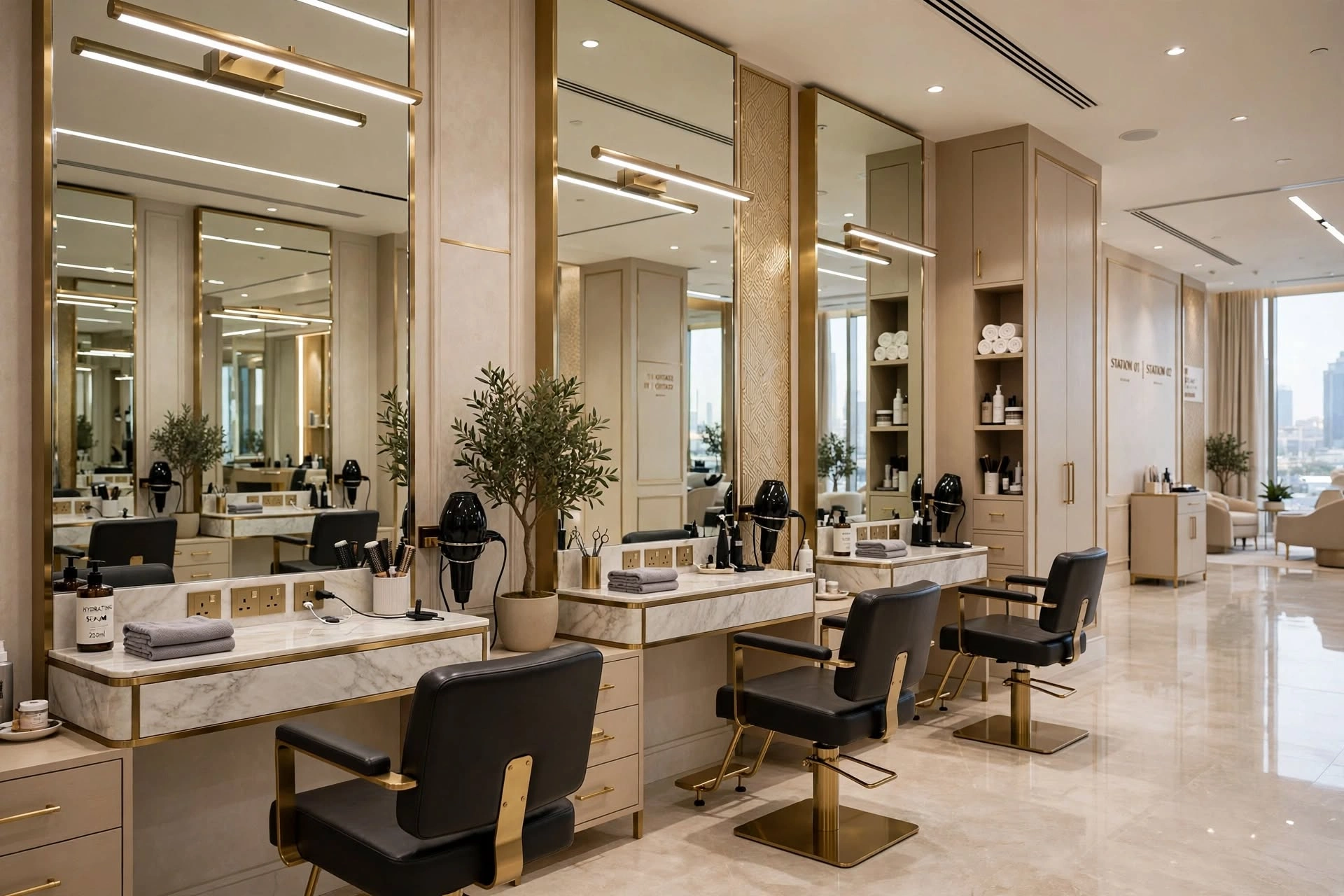 Stylish hair salon with modern styling stations and mirrors
