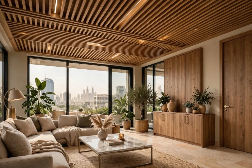 Contemporary living room with recessed ceiling and lighting