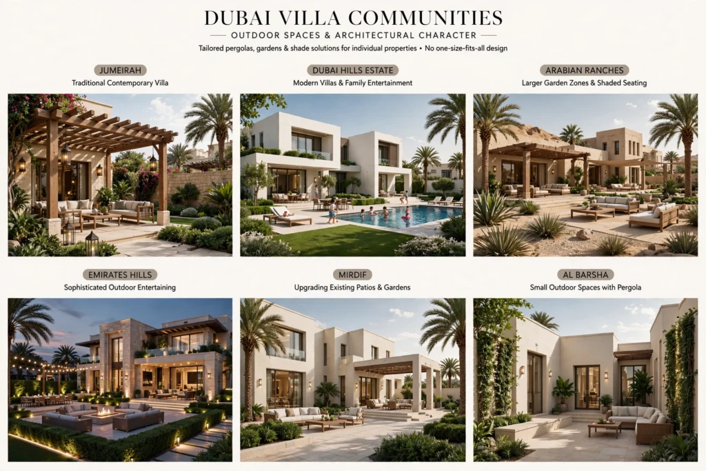 outdoor kitchen and pergola seating area for Dubai villa
