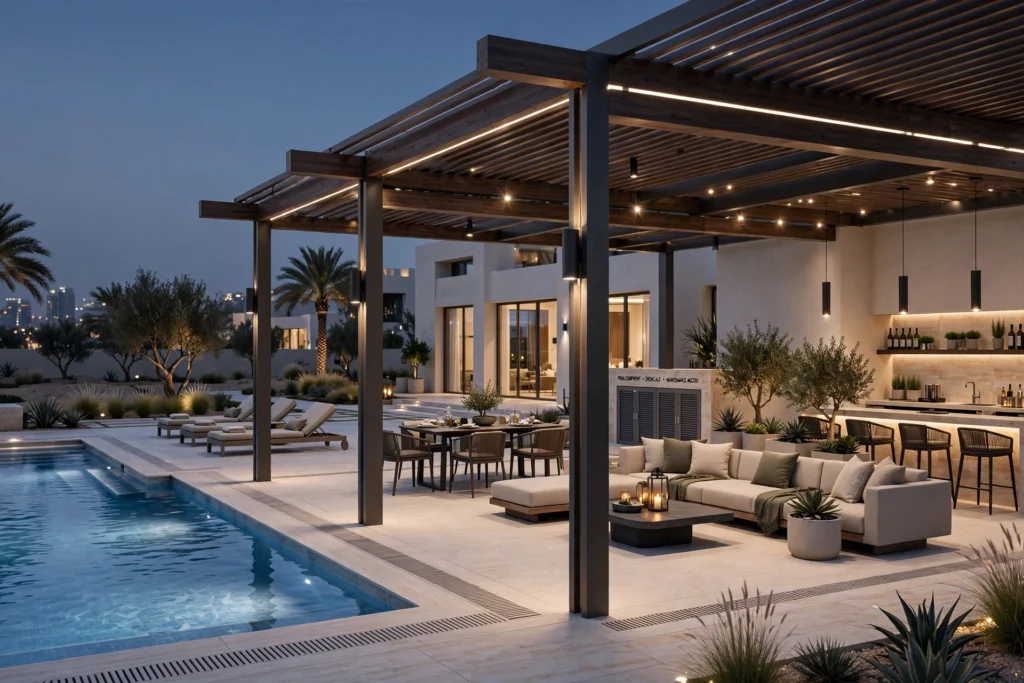 barbecue area with pergola and outdoor dining furniture