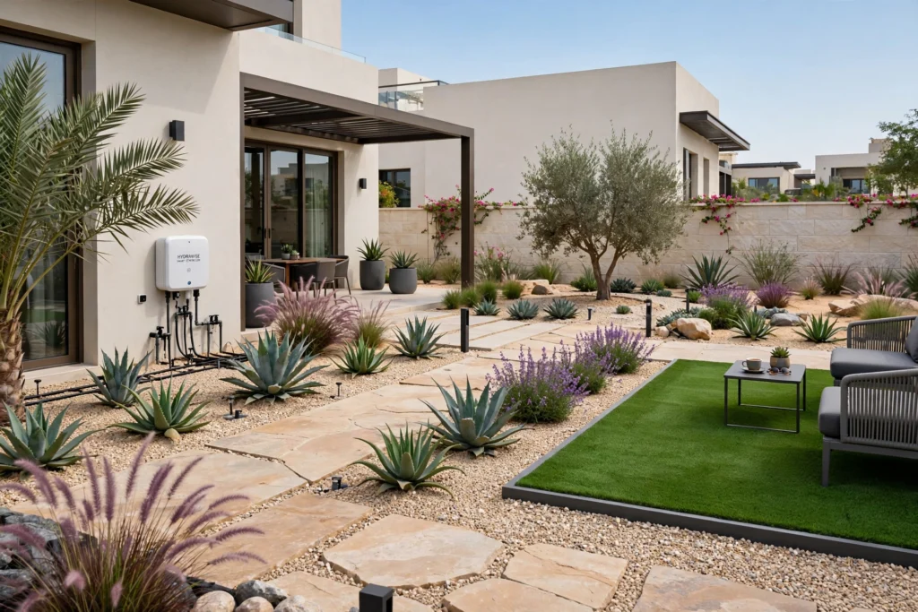outdoor kitchen and barbecue area in villa garden