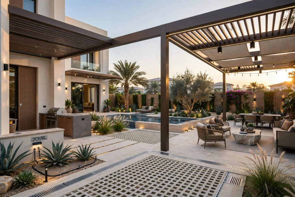 outdoor villa renovation ideas in Dubai with landscaped garden
