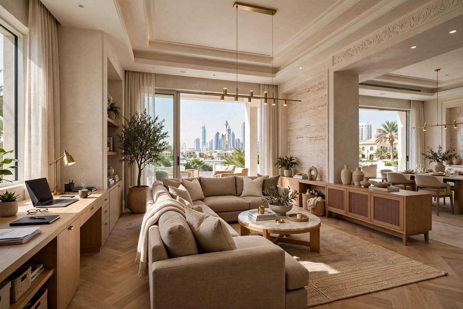 Modern home interior with elegant furniture, coordinated materials and functional space planning