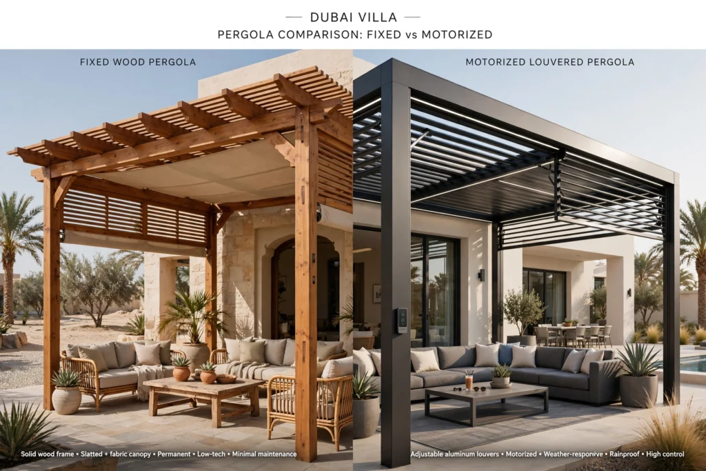 modern villa garden with pergola and lounge seating