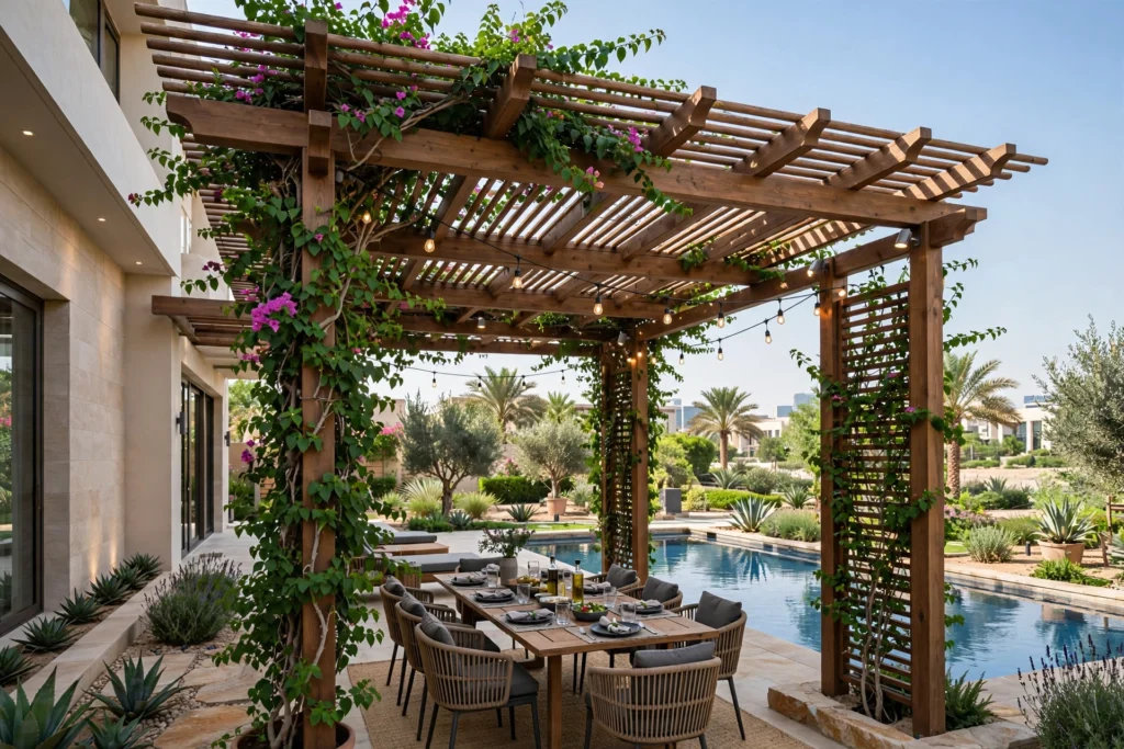 modern pergola with outdoor seating in Dubai villa garden