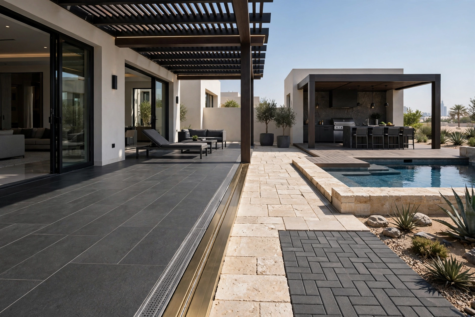 outdoor dining area under pergola in Dubai villa