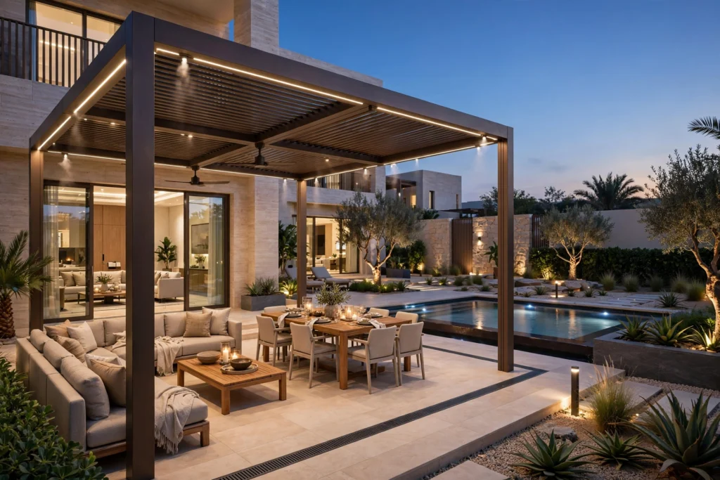 outdoor seating and pergola design for Dubai villas