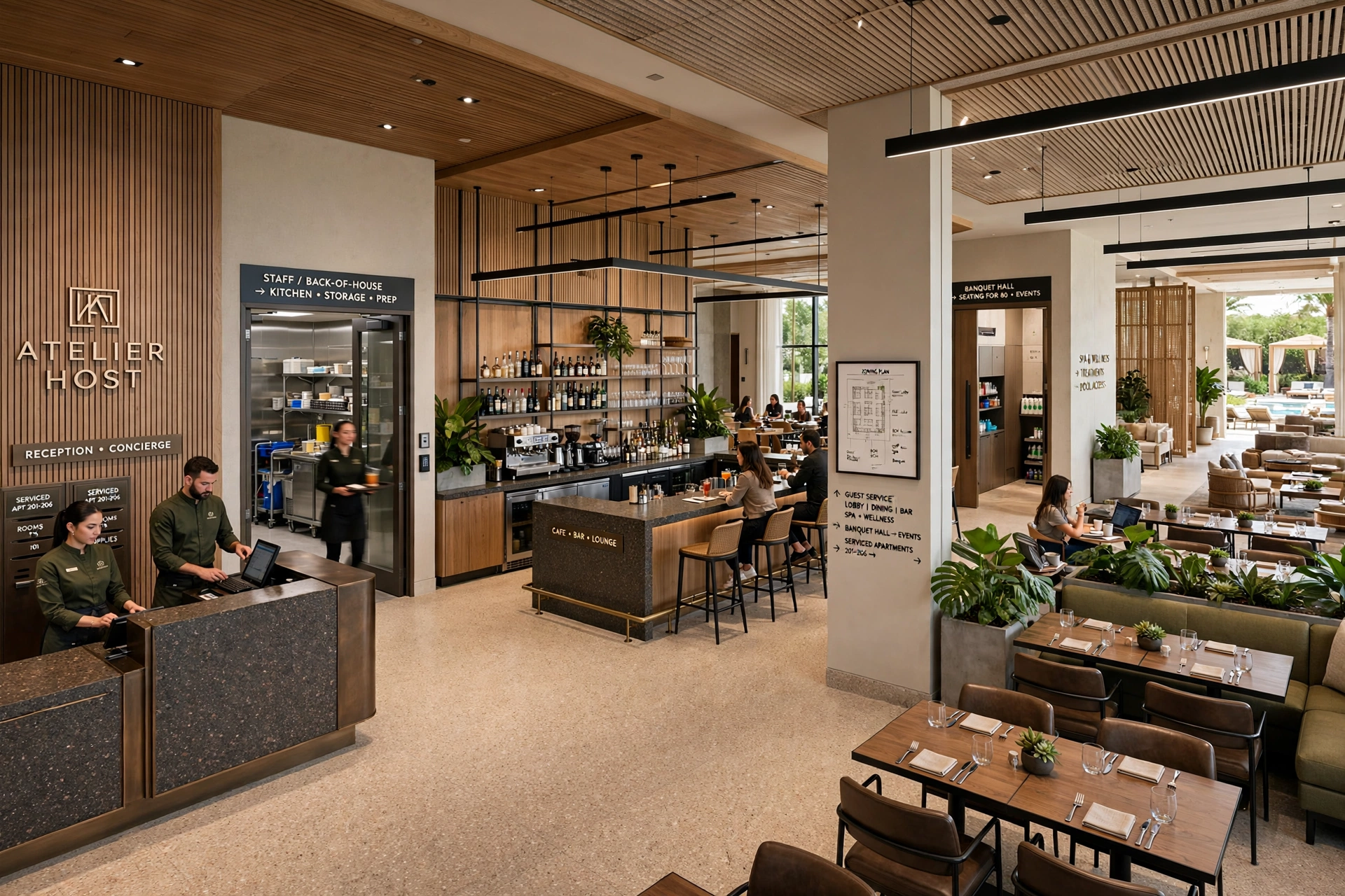 Modern luxury hotel lobby with statement lighting, premium materials and comfortable seating